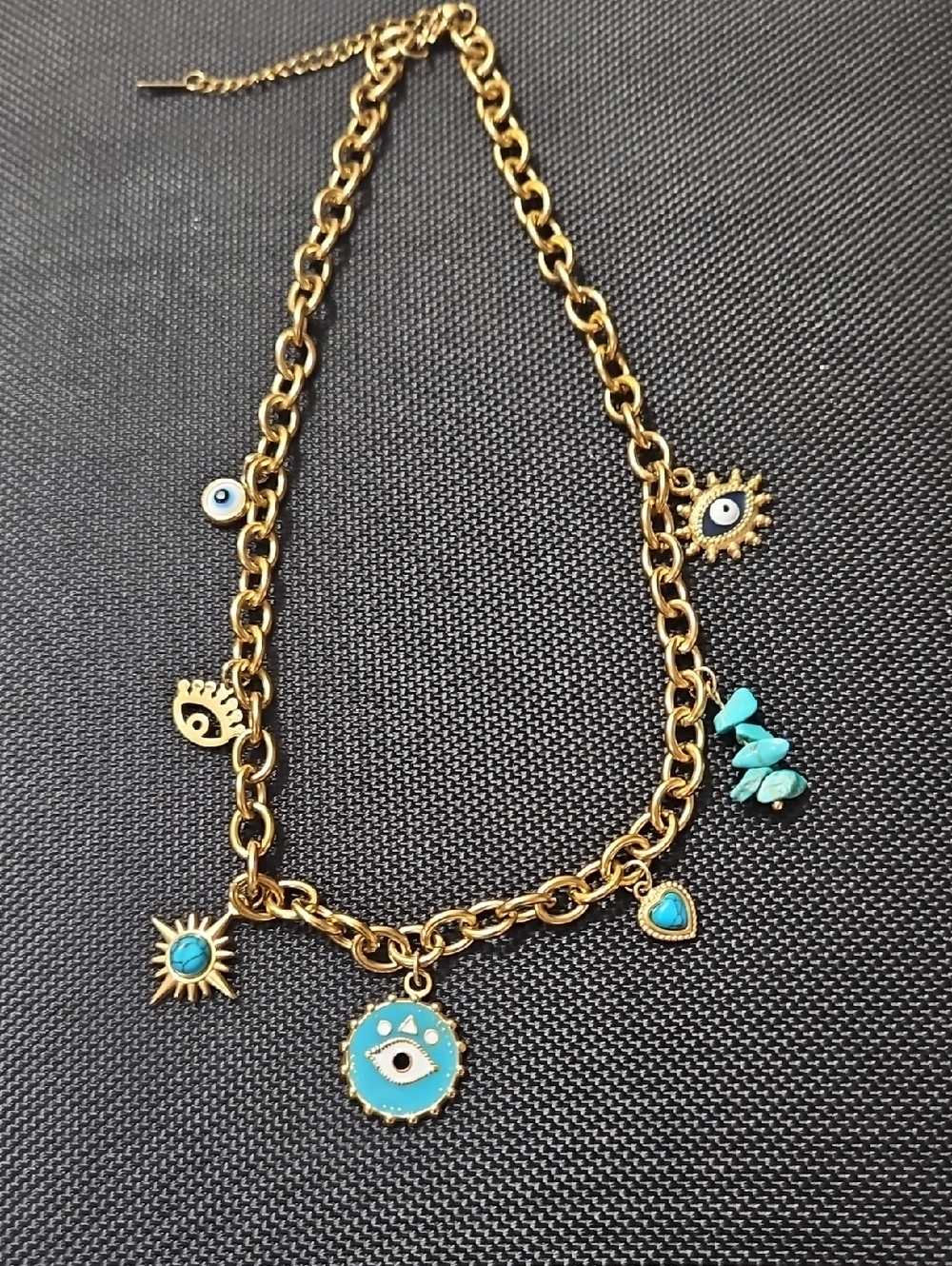 Gold Tone Evil Eye Charm Necklace Faux Turquoise Boho Statement